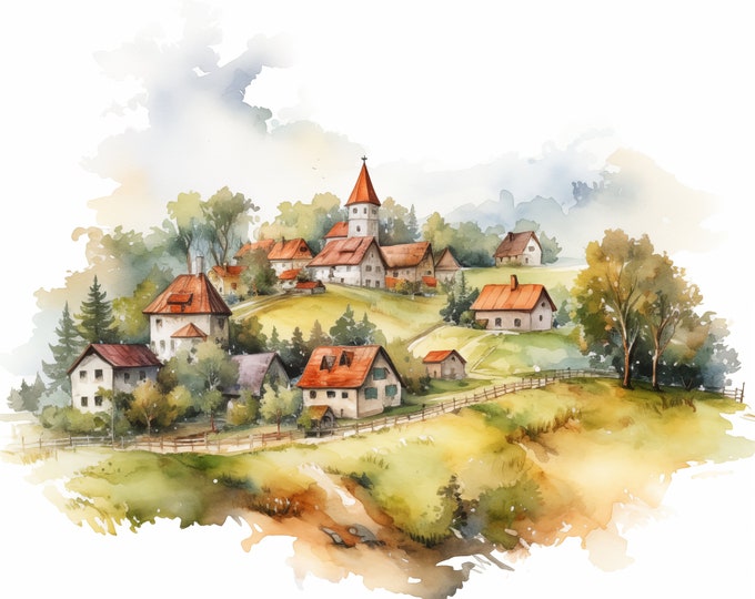 Rustic Village Clipart, Village Landscape Images, 10 Watercolor Clip Art, Printable JPGs, Instant Download, Commercial Use, Paper craft