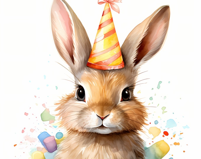 Hare Clipart, Rabbit with Party Hat Images, 10 Watercolor Clip Art, Printable JPGs, Instant Download, Commercial Use, Paper craft