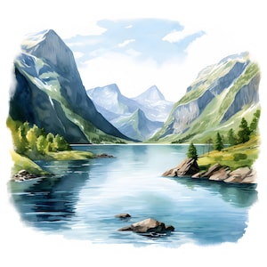 ノルウェーのフィヨルドのクリップアート、フィヨルドの風景画像、10 枚の水彩画のクリップアート、印刷可能な JPG、即時ダウンロード、商用利用、ペーパークラフト