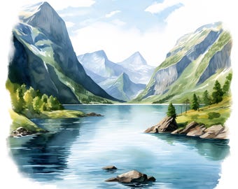 Norway Fjords Watercolor Clipart: Landscape JPGs (Digital Download)