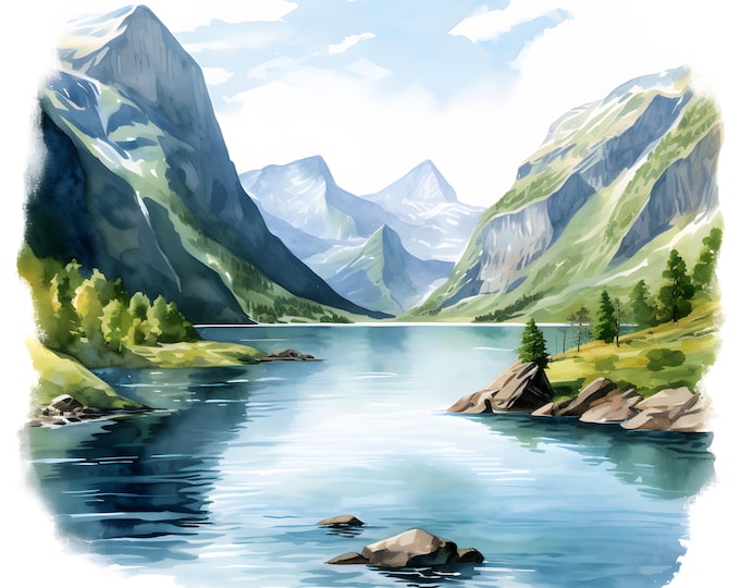 Norway Fjords Clipart, Fjords Landscape Images, 10 Watercolor Clip Art, Printable JPGs, Instant Download, Commercial Use, Paper craft