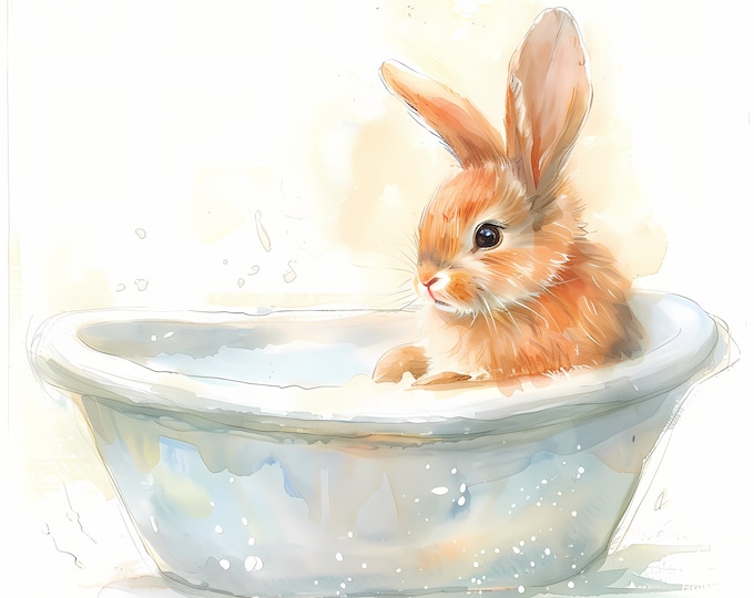Bunny in Bathtub Clipart, Bunny Washing Images, 10 Watercolor Clip Art, Printable JPGs, Instant Download, Commercial Use, Paper craft