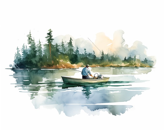Man Fishing Clipart, Fishing Images, 10 Watercolor Clip Art, Printable JPGs, Instant Download, Commercial Use, Paper craft