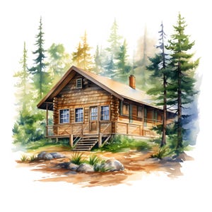 Watercolor Forest Cabin Clipart: Mountain Lodge JPGs (Commercial Use)