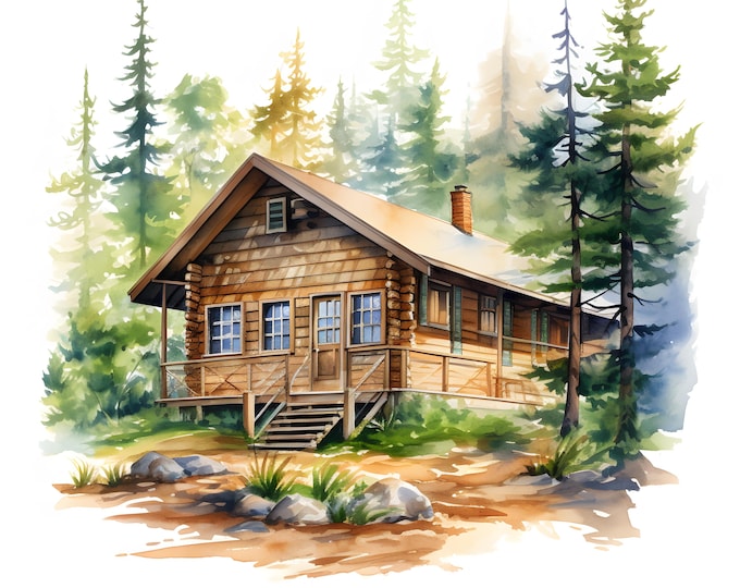 Forest Cabin Clipart, Mountain Cabin Images, 10 Watercolor Clip Art, Printable JPGs, Instant Download, Commercial Use, Paper craft