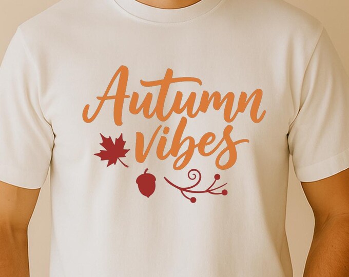 Autumn Vibes SVG, Cozy Fall Quote T-Shirt Print, Acorn and Leaf DXF PNG Cutting Design for Cricut Silhouette