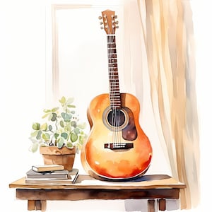 Clipart gitaar, afbeeldingen akoestische gitaar, 10 aquarel illustraties, afdrukbare JPG's, Instant Download, Commercieel gebruik, Papercraft
