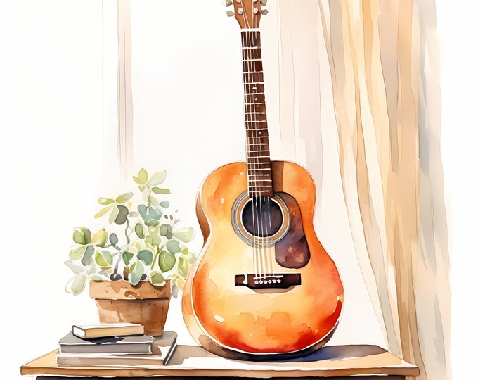 Guitar Clipart, Acoustic Guitar Images, 10 Watercolor Clip Art, Printable JPGs, Instant Download, Commercial Use, Paper craft