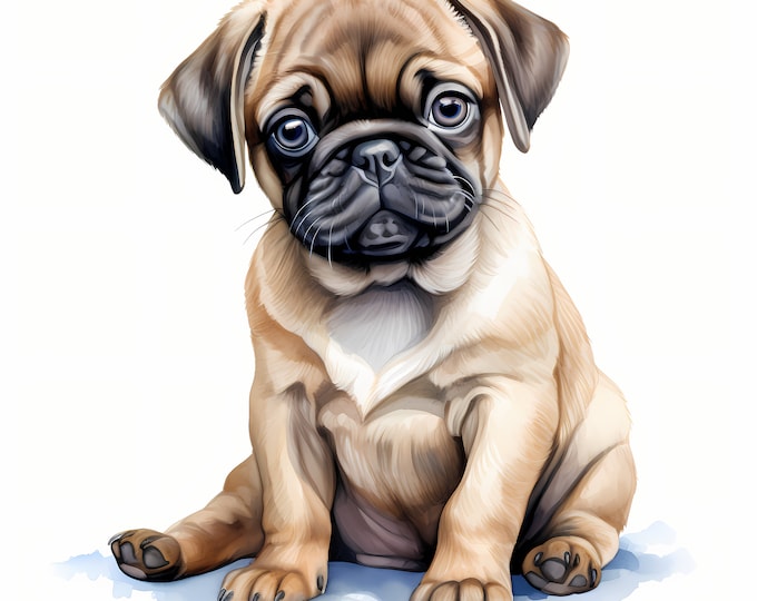 Pug Dog Clipart, Puppy Dog Images, 10 Watercolor Clip Art, Printable JPGs, Instant Download, Commercial Use, Paper craft