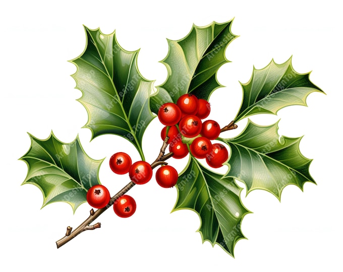 Holly Branch Clipart, Holly Berries Images, 10 Watercolor Clip Art, Printable JPGs, Instant Download, Commercial Use, Paper craft