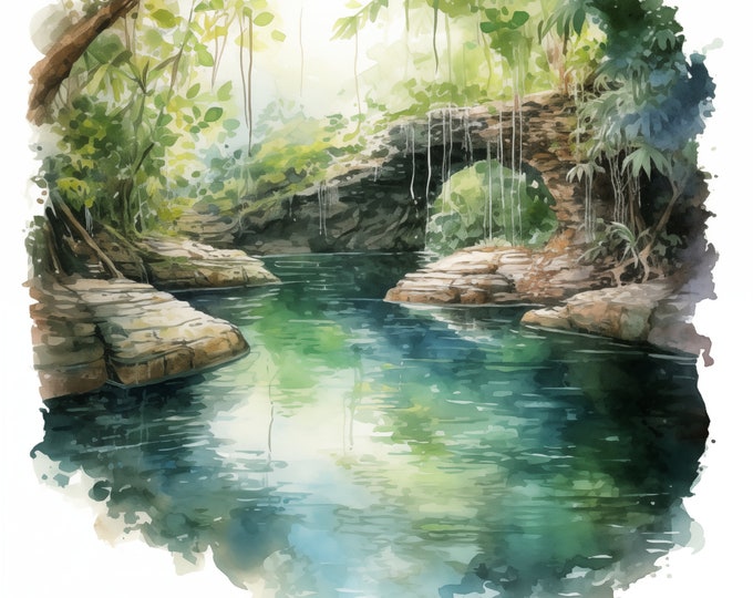 Cenote Landscape Clipart, Mexican Cenote Images, 10 Watercolor Clip Art, Printable JPGs, Instant Download, Commercial Use, Paper craft
