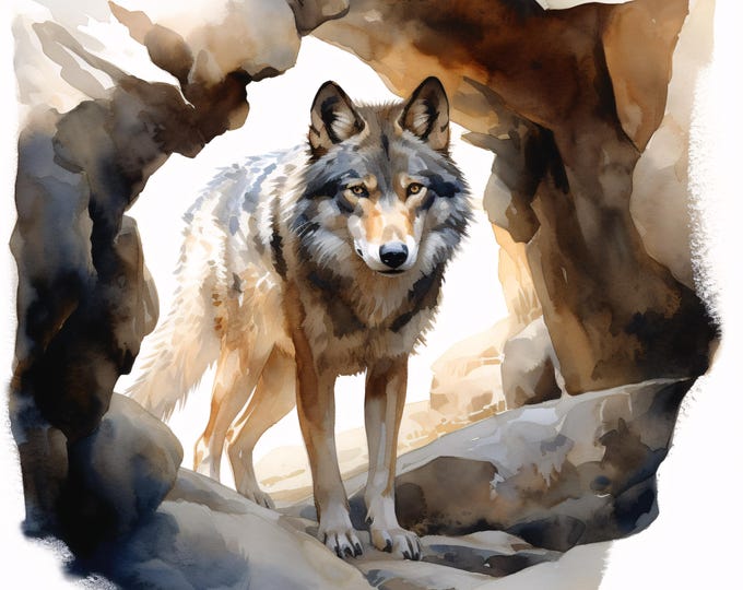 Wolf in Cave Clipart, Wild Animal Images, 10 Watercolor Clip Art, Printable JPGs, Instant Download, Commercial Use, Paper craft