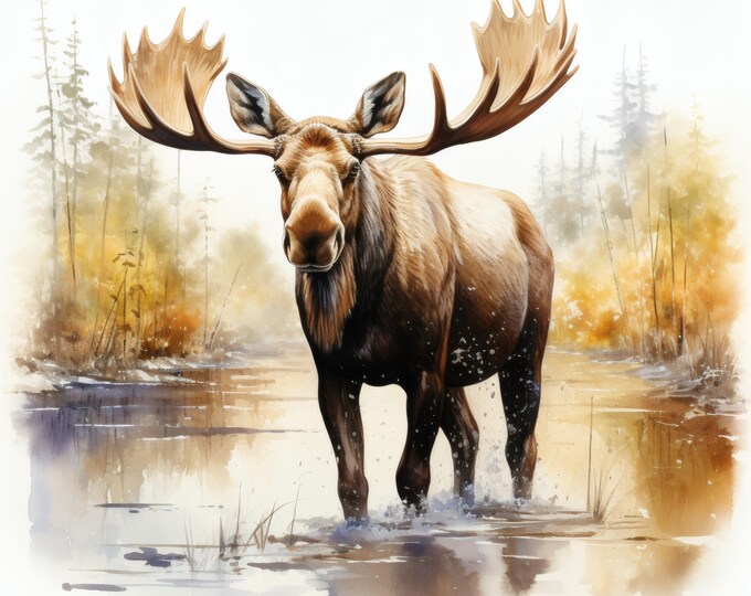Moose Clipart, Wild Forest Animal Images, 10 Watercolor Clip Art, Printable JPGs, Instant Download, Commercial Use, Paper craft