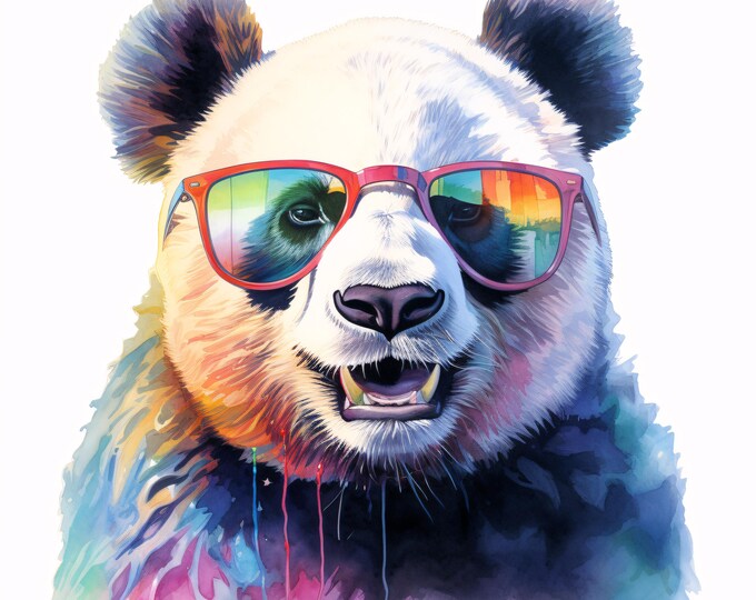 Cool Panda Clipart, Animal with Red Sunglasses Images, 10 Watercolor Clip Art, Printable JPGs, Instant Download, Commercial Use, Paper craft