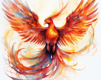 Phoenix Bird Clipart, Fiery Mythical Images, 10 Watercolor Clip Art, Printable JPGs, Instant Download, Commercial Use, Paper Craft