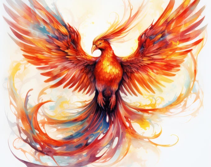 Phoenix Bird Clipart, Fiery Mythical Images, 10 Watercolor Clip Art, Printable JPGs, Instant Download, Commercial Use, Paper Craft