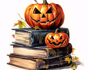 Watercolor Halloween Clipart: Pumpkin, Books, Jack O'Lantern (JPG Instant Download, Commercial Use)