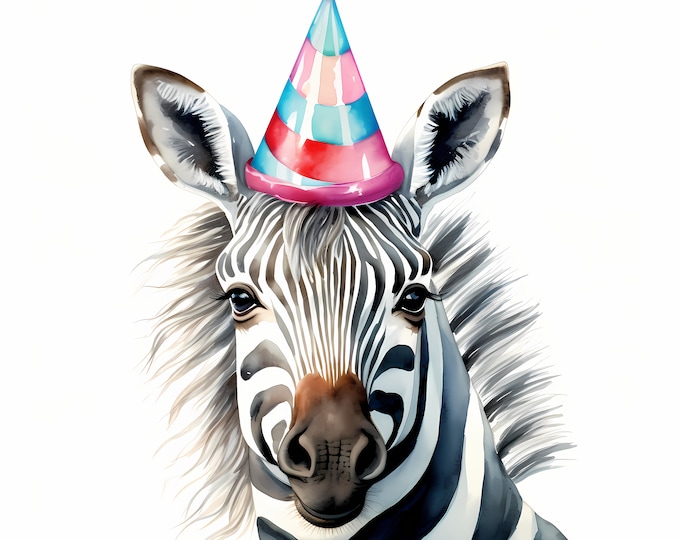 Zebra Clipart, Zebra with Party Hat Images, 10 Watercolor Clip Art, Printable JPGs, Instant Download, Commercial Use, Paper craft