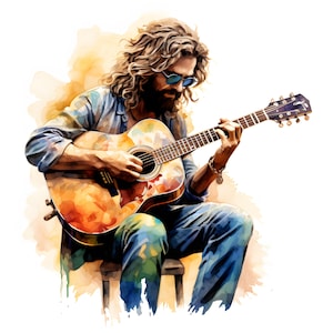 Hippie gitaarspelen clipart, hippie man afbeeldingen, 10 aquarel illustraties, afdrukbare jpg's, Instant Download, commercieel gebruik, Papercraft