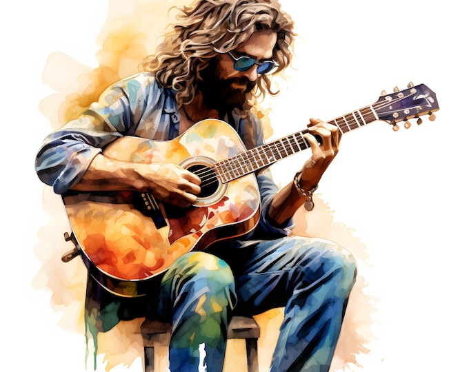 Hippie Playing Guitar Clipart, Hippie Man Images, 10 Watercolor Clip Art, Printable JPGs, Instant Download, Commercial Use, Paper craft
