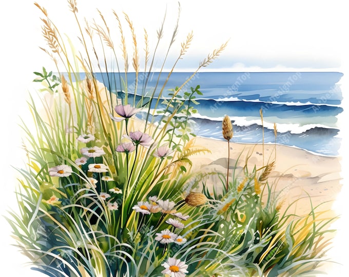 Wildflowers By Coast Clipart, Coast Grass Images, 10 Watercolor Clip Art, Printable JPGs, Instant Download, Commercial Use, Paper craft