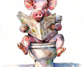 Pig Clipart, Piglet on the Toilet Images, 10 Watercolor Clip Art, Printable JPGs, Instant Download, Commercial Use, Paper craft