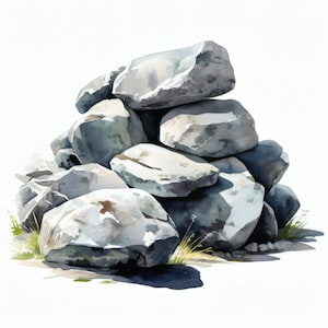 May include: A watercolour illustration depicts a pile of grey and white rocks. The rocks are arranged together, with small patches of green grass at the base. The image has a soft, artistic quality.