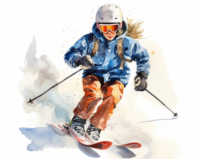 Kids Skiing Clipart, Skier Images, 10 Watercolor Clip Art, Printable JPGs, Instant Download, Commercial Use, Paper craft