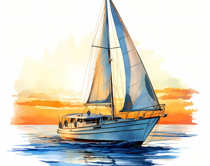Yacht in Sunset Clipart, Sailboats at Sunset Images, 10 Watercolor Clip Art, Printable JPGs, Instant Download, Commercial Use, Paper craft