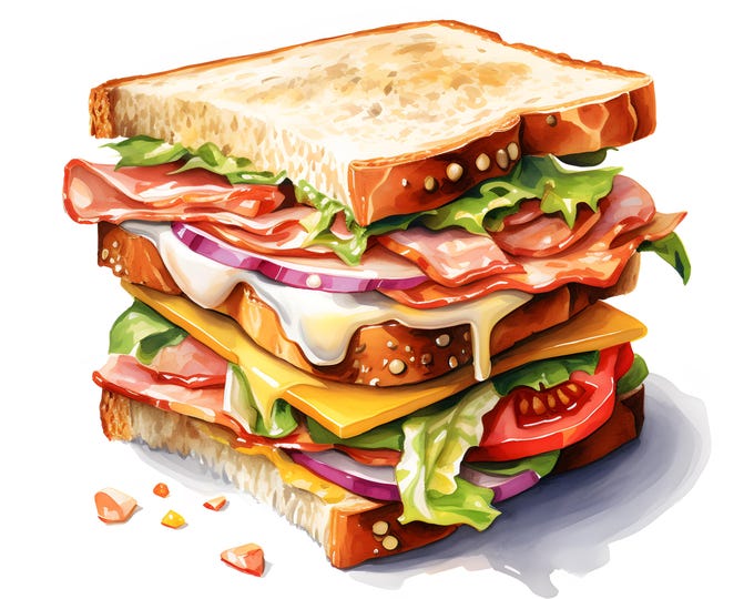 Sandwich Clipart, Ham Sandwich Images, 10 Watercolor Clip Art, Printable JPGs, Instant Download, Commercial Use, Paper craft