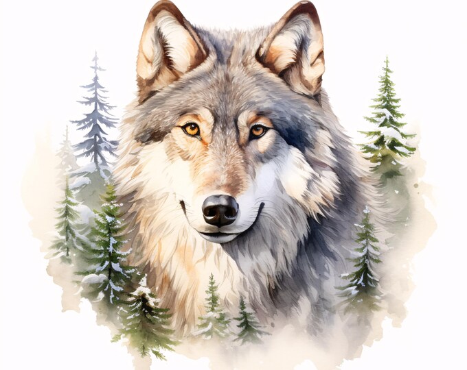 Watercolor Wolf Clipart: Winter Wildlife JPG Images (Commercial Use, Digital Download)