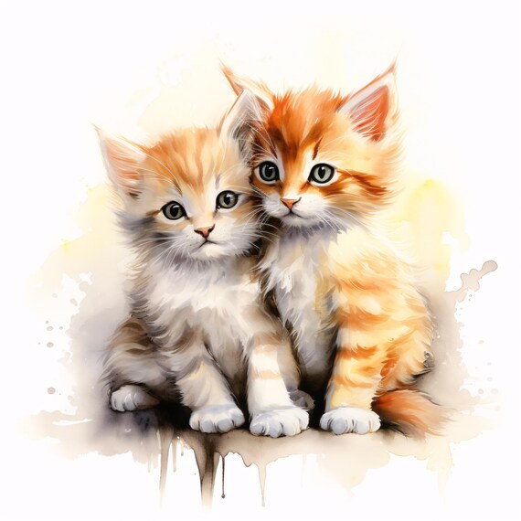 かわいい猫のクリップアート、子猫の友達の画像、水彩画のクリップ