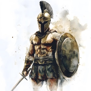 Clipart spartiate, images de guerrier grec antique, 10 cliparts aquarelle, fichiers JPG imprimables, téléchargement immédiat, usage commercial, créations en papier