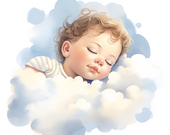 Baby Sleeping Clipart, Baby in Clouds Images, 10 Watercolor Clip Art, Printable JPGs, Instant Download, Commercial Use, Paper craft