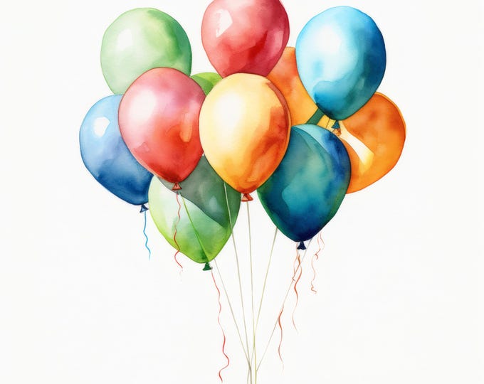 Colorful Balloons Clipart, Party Celebration Images, 10 Watercolor Clip Art, Printable JPGs, Instant Download