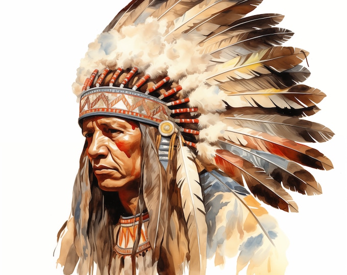Native American Clipart, Indian Chief Images, 10 Watercolor Clip Art, Printable JPGs, Instant Download, Commercial Use, Paper craft
