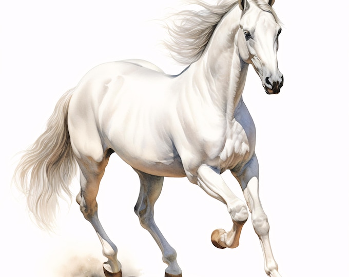 White Horse Clipart, Running Stallion Images, 10 Watercolor Clip Art, Printable JPGs, Instant Download, Equestrian Paper Craft