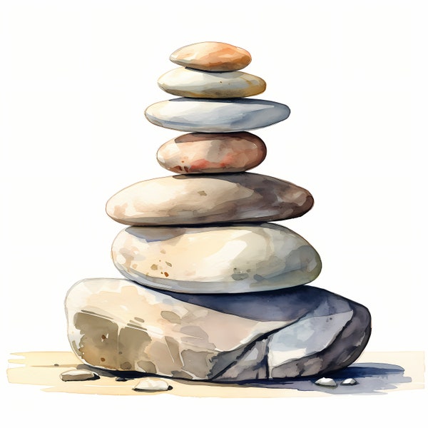 Cairns, Rock Cairns, Zen Stones, Meditation Stones - Watercolor Clipart Set with 10 JPG Images - Instant Download, Commercial Use