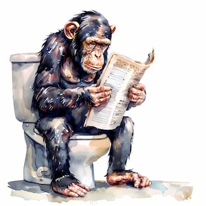 Clipart chimpansee, afbeeldingen chimpansee op het toilet, 10 aquarel-illustraties, afdrukbare JPG's, Instant Download, Commercieel gebruik, Papercraft