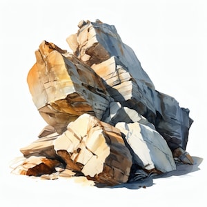 Puede incluir: Pintura a la acuarela de una formación rocosa. Las rocas son una mezcla de tonos beige, gris y marrón, con sombras y luces que crean profundidad. La obra de arte está sobre un fondo blanco, enfatizando las texturas y colores naturales de las rocas.