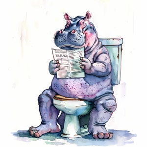 Clipart nijlpaard, afbeeldingen nijlpaard op het toilet, 10 aquarel-illustraties, afdrukbare JPG's, Instant Download, Commercieel gebruik, Papercraft