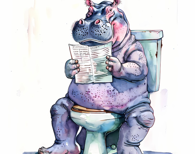 Hippo Clipart, Hippo on the Toilet Images, 10 Watercolor Clip Art, Printable JPGs, Instant Download, Commercial Use, Paper craft
