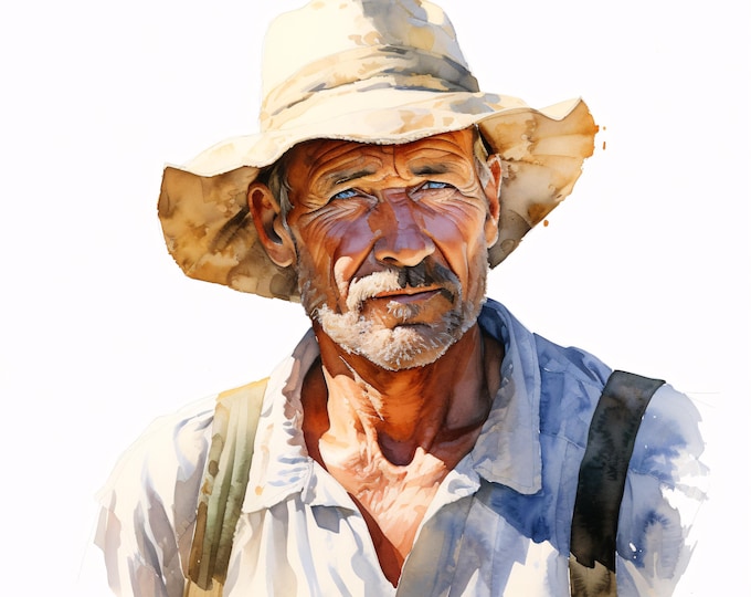 Farmer Portrait Clipart, Rustic Man Images, 10 Watercolor Clip Art, Printable JPGs, Instant Download, Commercial Use, Paper craft