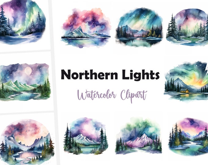 Northern Lights Clipart, Aurora Borealis Images, 10 Watercolor Clip Art, Printable JPGs, Instant Download, Commercial Use, Paper craft