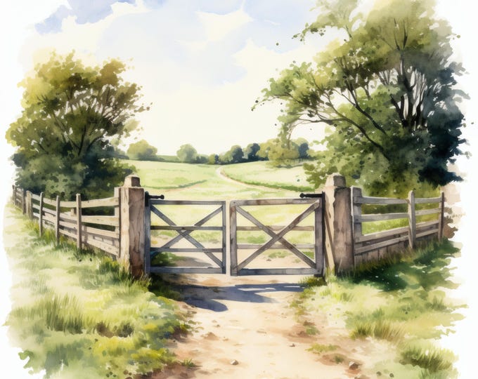 Farm Gate Clipart, Countryside Landscape Images, 10 Watercolor Clip Art, Printable JPGs, Instant Download, Commercial Use, Paper craft