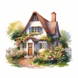 Cottage with Flowers Clipart, Cottage Garden Images, 10 Watercolor Clip Art, Printable JPGs, Instant Download, Commercial Use, Paper craft