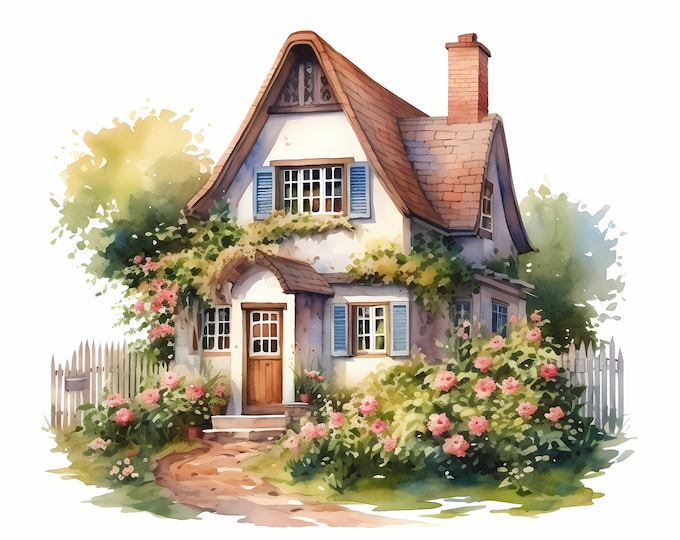 Cottage with Flowers Clipart, Cottage Garden Images, 10 Watercolor Clip Art, Printable JPGs, Instant Download, Commercial Use, Paper craft
