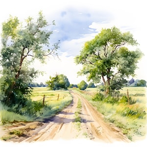 Watercolor Countryside Lane Clipart: 10 JPG Images (Commercial Use)