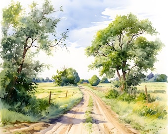 Watercolor Countryside Lane Clipart: 10 JPG Images (Commercial Use)