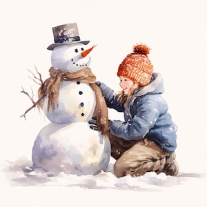 Boy and Snowman Clipart, Winter Fun Images, 10 Watercolor Clip Art, Printable JPGs, Instant Download, Commercial Use, Paper craft